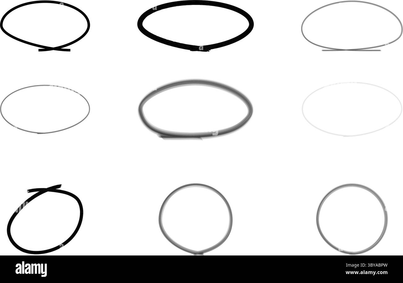 Ein Raster aus neun handgezeichneten Kreisen und Ellipsen. Die Formen variieren in Dicke, Farbintensität und Vollständigkeit, wobei einige eine Linie darunter haben. Stock Vektor