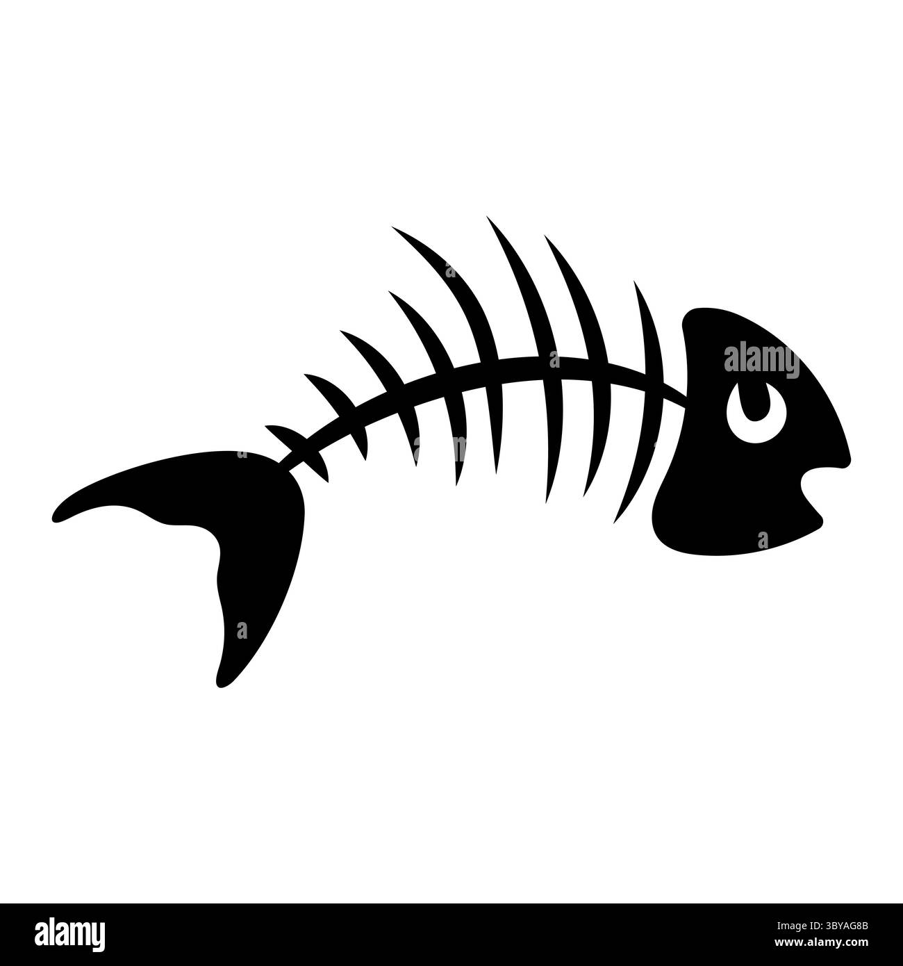 Stilisiertes Fischskelett Silhouette. Ein Fisch im Zeichentrickstil mit einem großen Kopf, einem sichtbaren Auge, Rippenknochen und einem geschwungenen Rücken, der in einer abgerundeten Schwanzflosse endet. Stock Vektor