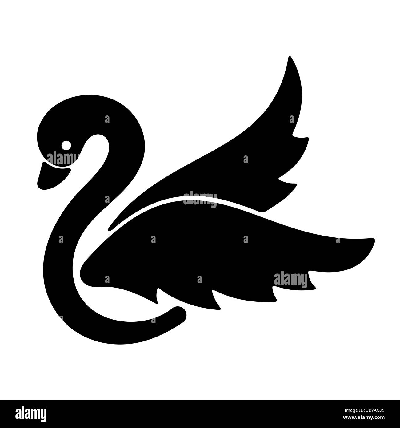 Elegante Silhouette Mit Schwarzem Schwan. Diese Schwarz-weiß-Illustration zeigt die anmutige Form eines Schwans in einer glatten und fließenden Silhouette. Stock Vektor