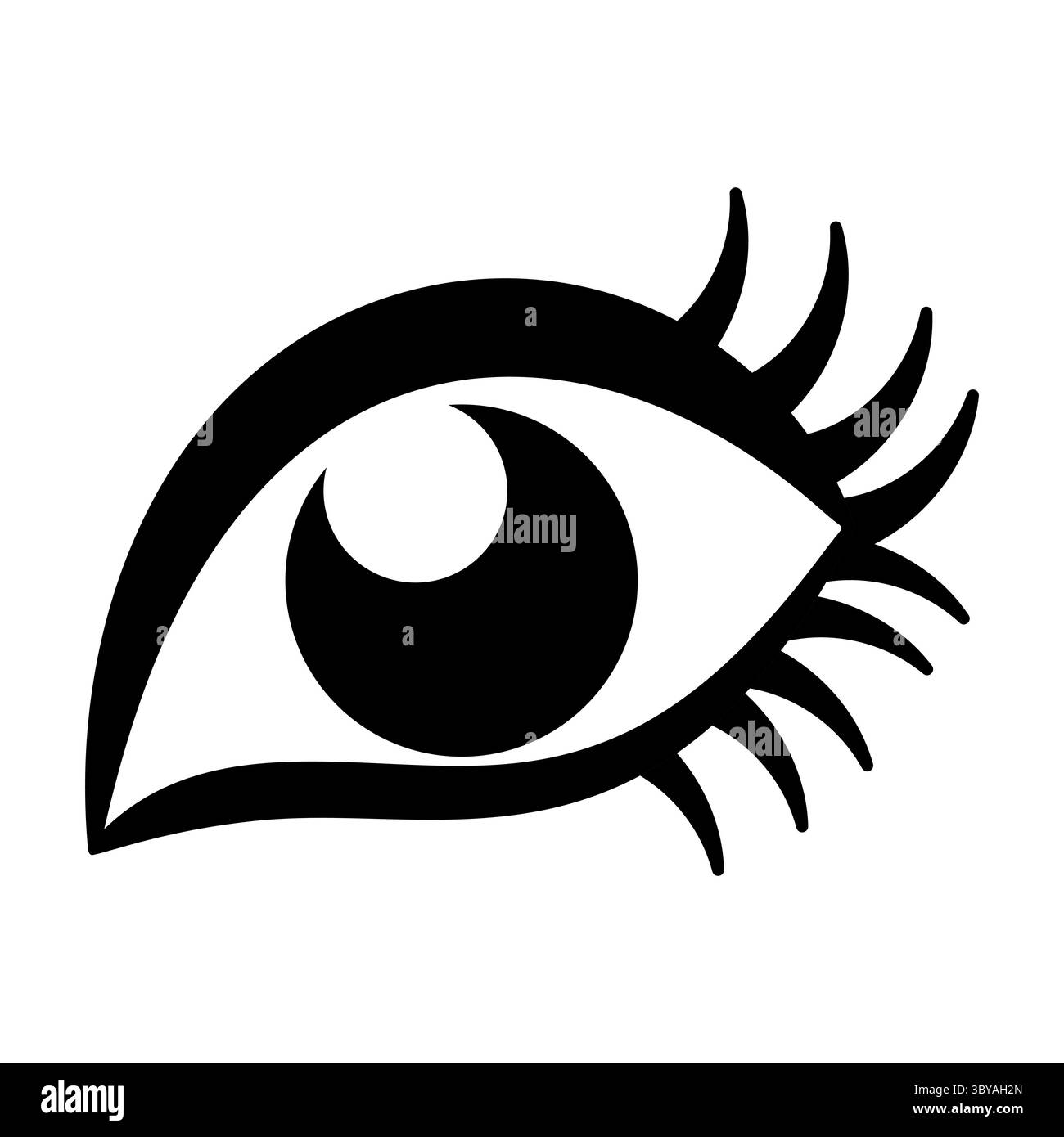 Stilisiertes Auge mit Wimpern. Abbildung Des Schwarzen Vektors. Ein stilisiertes Auge mit dramatisch geschwungenen Wimpern und einem sichelförmigen Highlight in der Iris. Stock Vektor