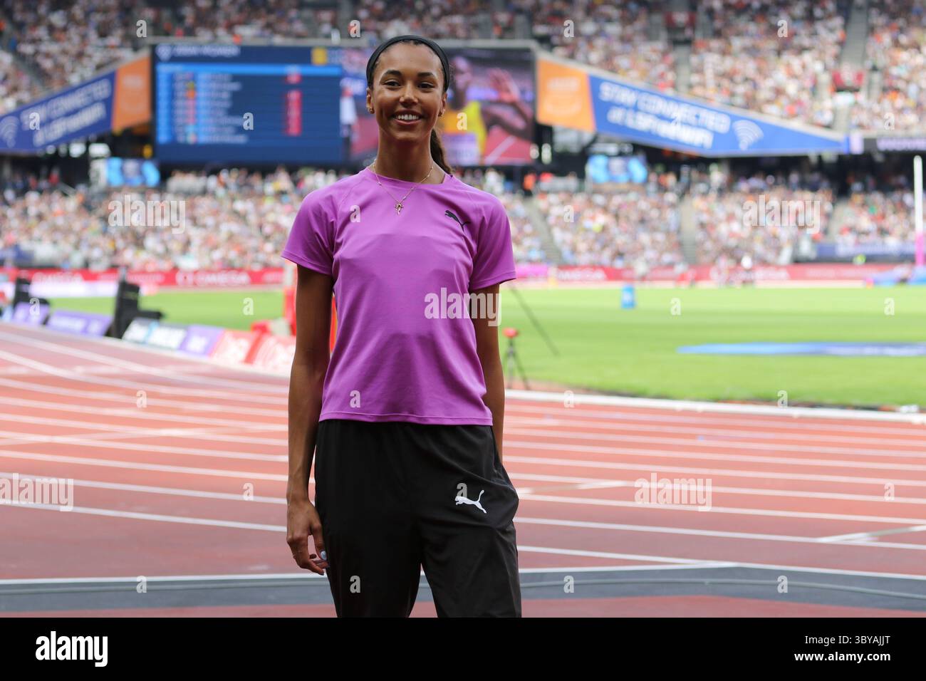 London, Großbritannien. Juli 2025. Die Diamond League Athletics kommt ins London Stadium, wo einige der weltbesten Athleten vor einer ausverkauften Menschenmenge antreten. Morgan Lake, Gewinner des Hochsprungs der Frauen. Quelle: Eastern Views/Alamy Live News Stockfoto