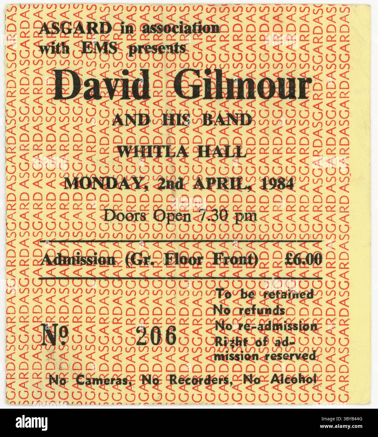 David Gilmour von Pink Floyd, Solo-Konzertticket, 2. April 1984 – Whitla Hall, Belfast, Nordirland – seine Band umfasste Mick Ralphs, Chris Slade und Gregg Dechert Stockfoto