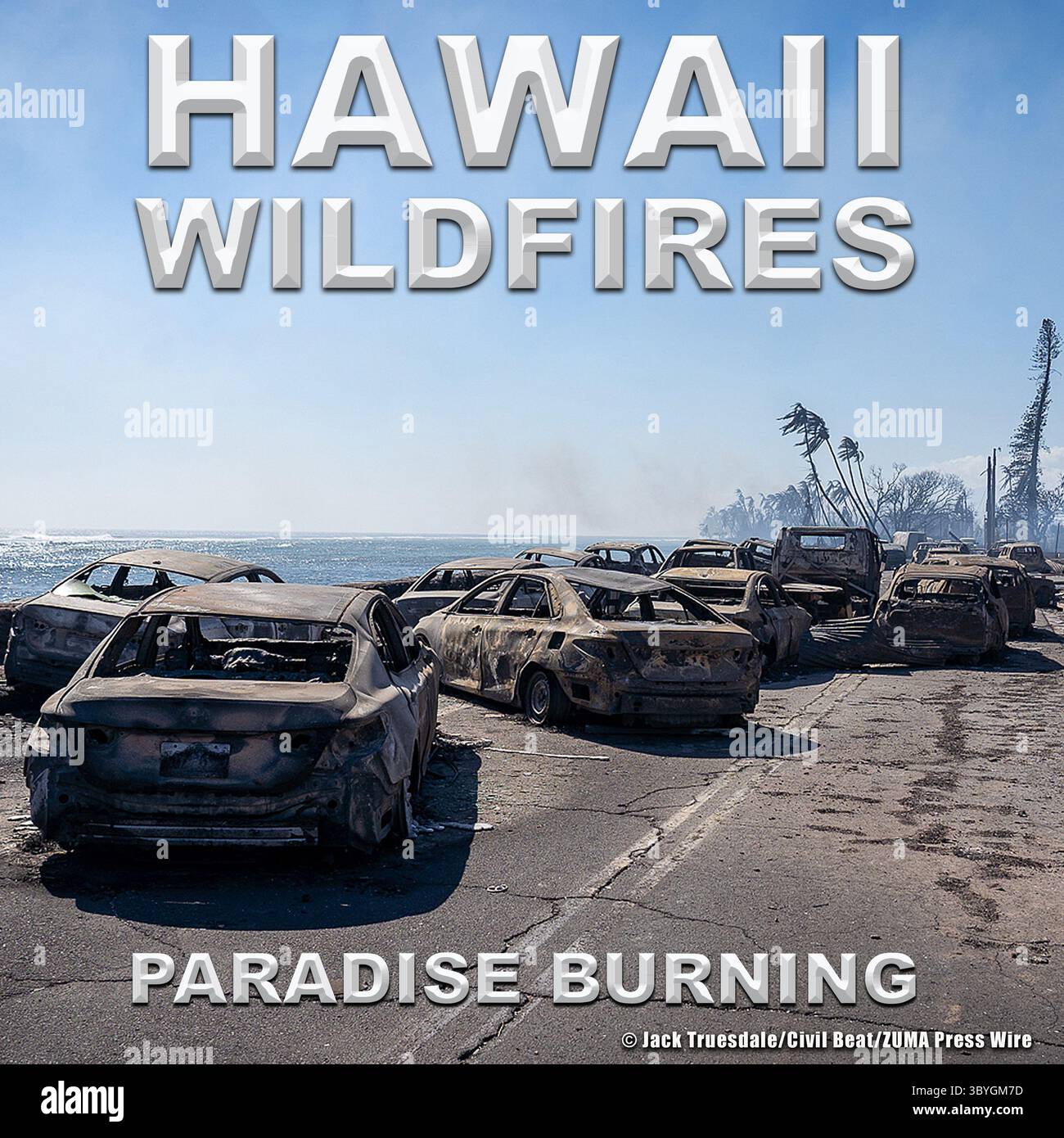 MAUI-WALDBRÄNDE: 8. August 2023 Dienstag 6:37 Uhr HST ein Bürstenfeuer auf der hawaiianischen Insel Maui begann, in der Nähe der alten hawaiianischen Hauptstadt Lahaina, Bevölkerung 12.702. 16:46 Uhr HST, Fire überquerte die Route 30 und erreichte die Innenstadt von Lahaina, und alle Bewohner rannten um ihr Leben. 17:45 Uhr HST, Feuer erreichte die Küste. Gefangen im Stau des Stillstands rannten die Scores ins Meer und sprangen ins Meer, um dem Feuer zu entkommen. Autos sind entweder in Brand geraten oder explodiert. Die extremen Hitzebeweise von Fire wurden von Beamten als „Autos schmolzen buchstäblich zu Pfützen, die sich auf der Straße verhärtet haben“ bezeichnet. 13. August, Tod tol Stockfoto