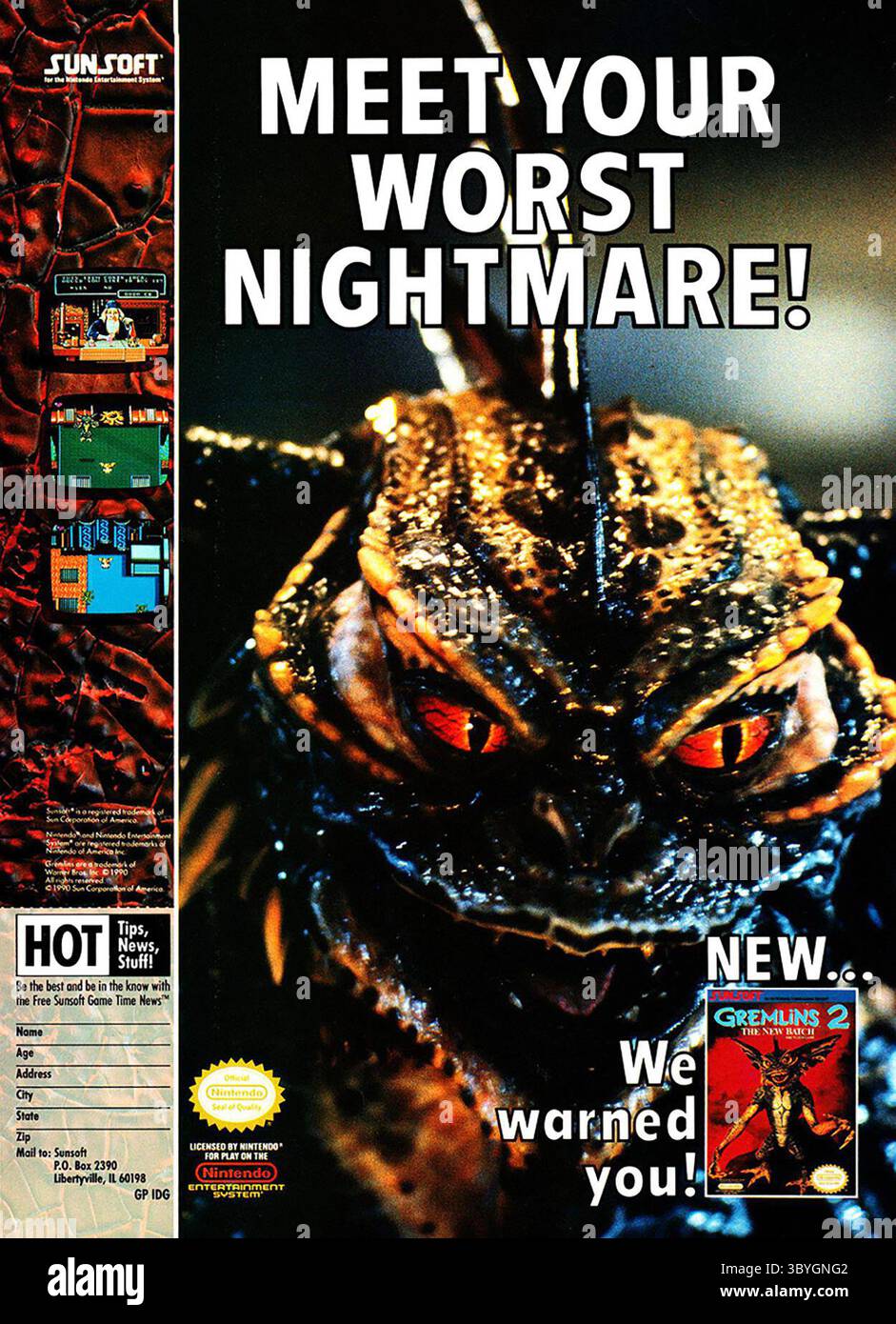 1990 Gremlins 2: The New Batch Nintendo NES Video Game Werbespot Stockfoto