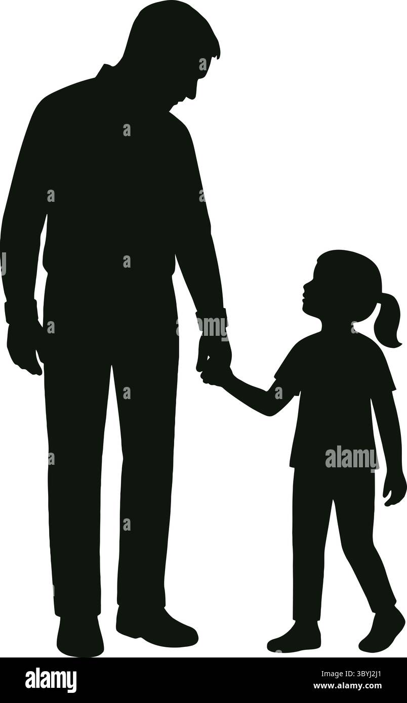 Schwarz-weiß-Silhouette-Illustration eines Elternteils, der die Hand eines Kindes hält Stock Vektor