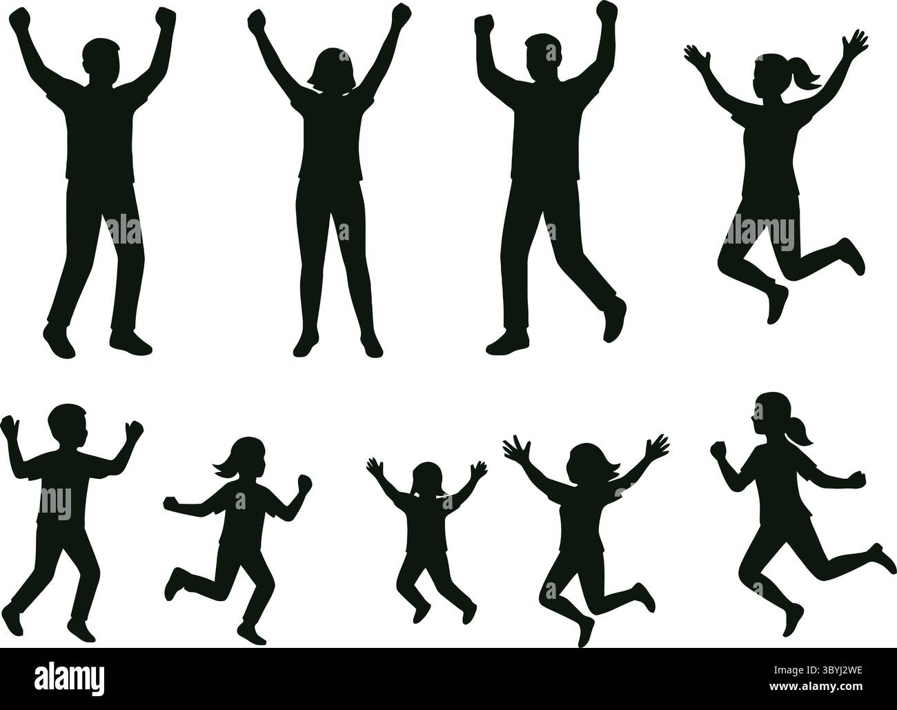 Schwarz-weiße Silhouette-Illustration einer Gruppe, die mit fröhlichen Bewegungen feiert Stock Vektor