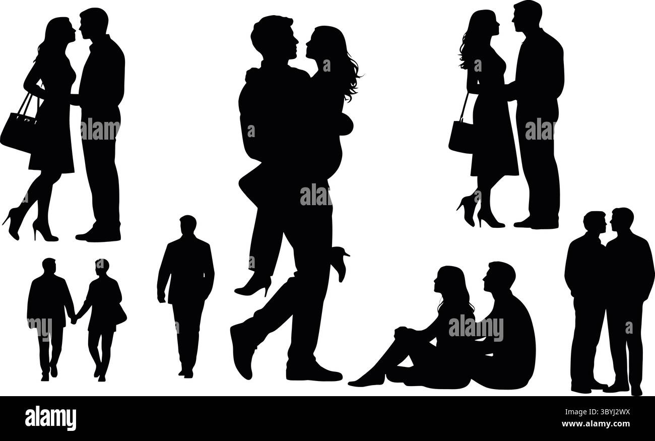 Schwarz-weiß-Silhouette-Illustrationen von Paaren in verschiedenen sozialen und romantischen Szenen Stock Vektor