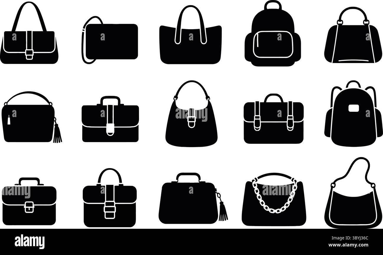 Schwarz-weiß Silhouette Illustrationen von verschiedenen Handtaschen und Taschen Stock Vektor