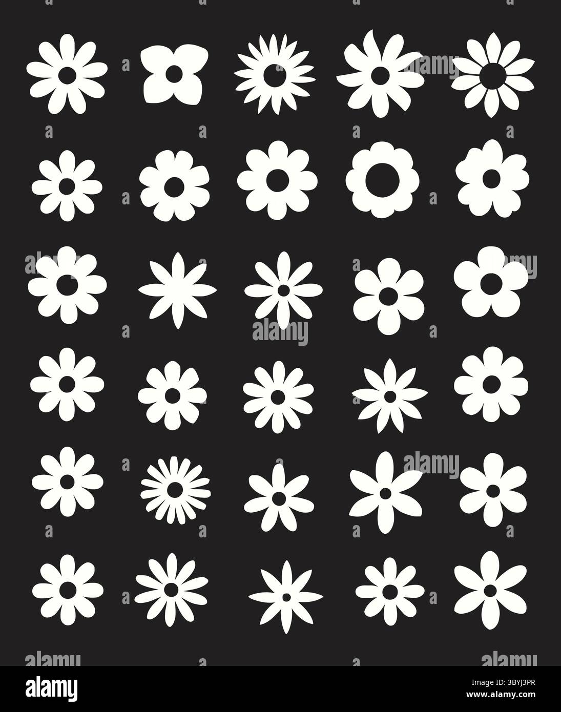 Minimalistische weiße Blumensymbole auf schwarzem Hintergrund Stock Vektor