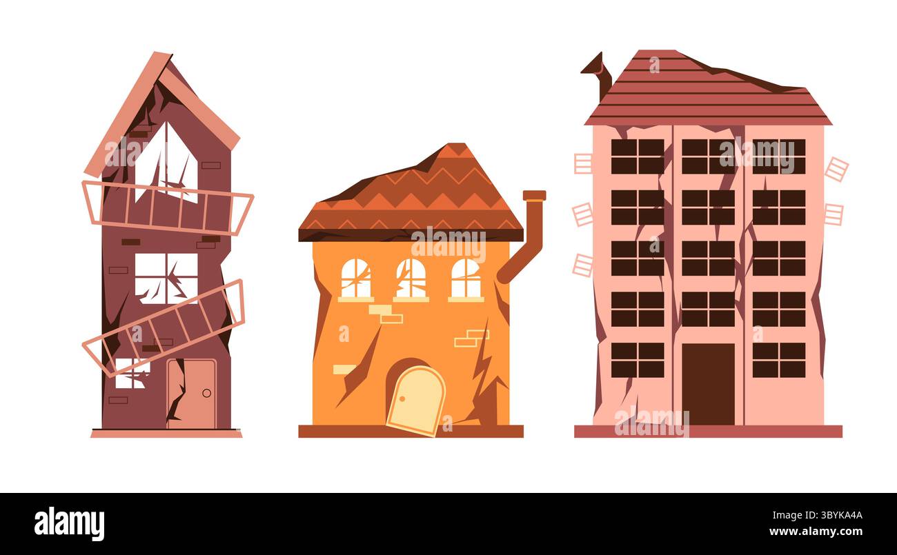 Alte beschädigte baufällige Häuser rissen Wände, kaputte Fenster, Dächer und strukturelle Schäden, die die Zerstörung der Verlassenheit darstellen Stock Vektor