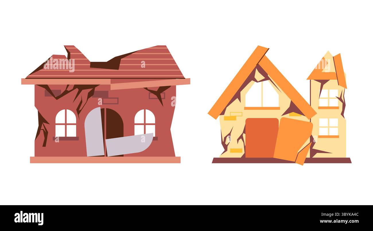 Nach der Katastrophe beschädigte baufällige Häuser rissen Wände kaputte Fenster einstürzende Dächer und strukturelle Schäden, die die Zerstörung der Verlassenheit darstellen Stock Vektor
