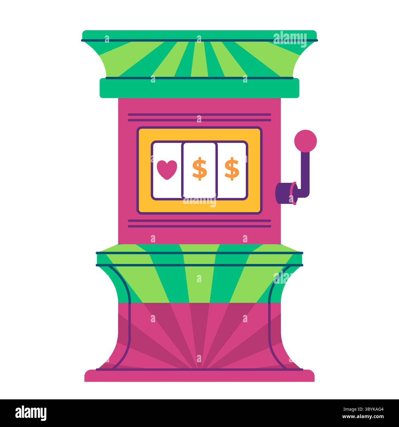 Spielautomat einarmiger Bandit mit drei sich drehenden Walzen mit Dollarzeichen und Herzsymbolen, einem Münzfach und einem Zughebel Stock Vektor
