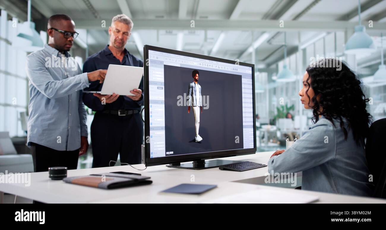 Creative Team entwickelt 3D-Animation für Figuren in modernen Büroumgebungen. Stockfoto