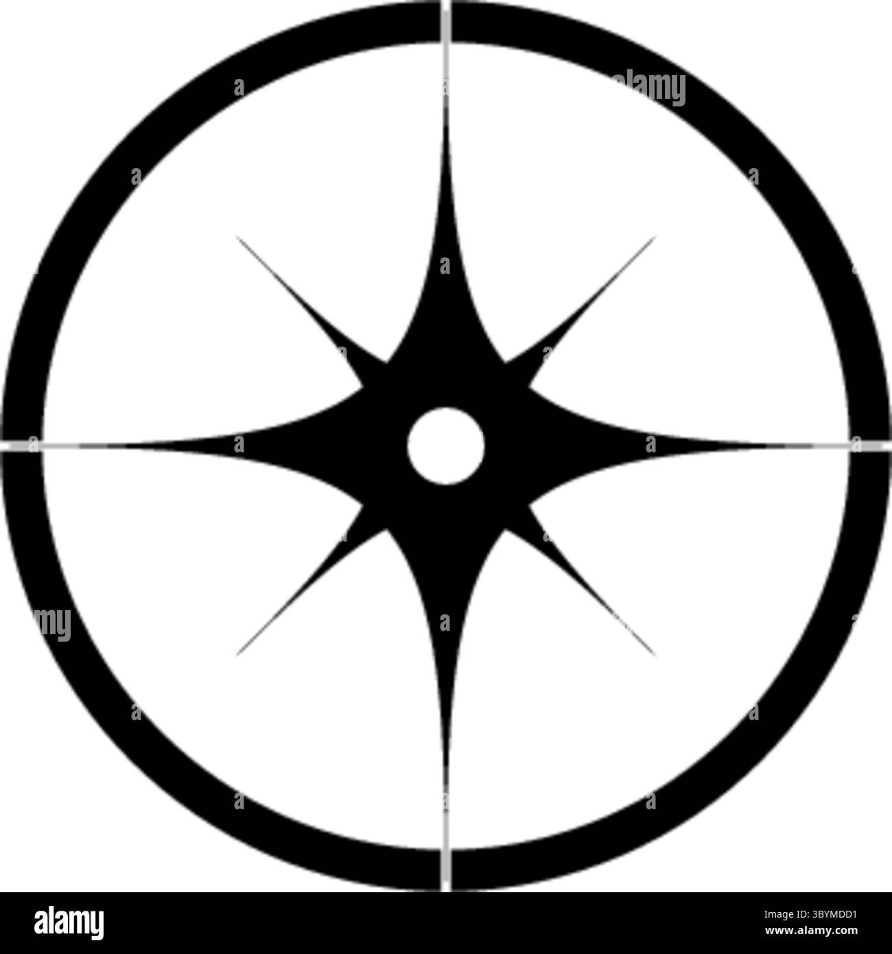Eine stilisierte schwarze Kompassrose mit scharfen Punkten und einem zentralen Kreis, eingeschlossen in einem segmentierten kreisförmigen Rahmen, der Richtung und navigatio darstellt Stock Vektor