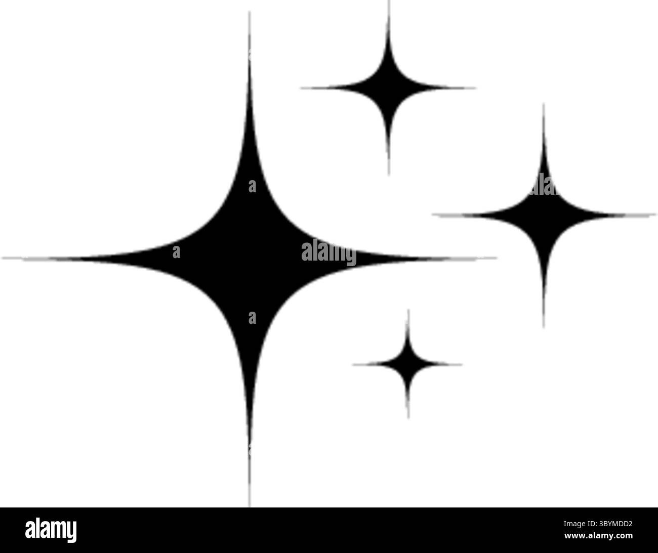 Eine einfache Grafik mit vier schwarzen, stilisierten Starburst- oder funkelnden Formen in verschiedenen Größen vor einem sauberen weißen Hintergrund. Stock Vektor
