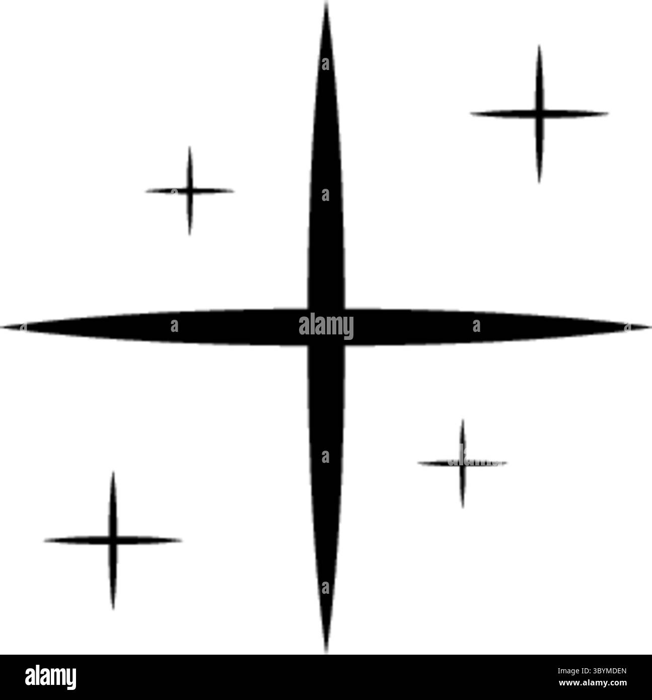 Eine minimalistische Grafik mit einem auffälligen schwarzen Sternenhimmel mit vier strahlenden Punkten und vier kleineren, verstreuten Glitzerakzenten. Stock Vektor