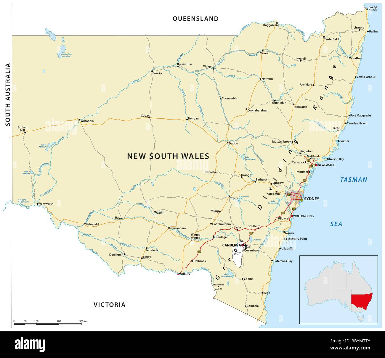 Straßenkarte des australischen Bundesstaates New South Wales Stockfoto
