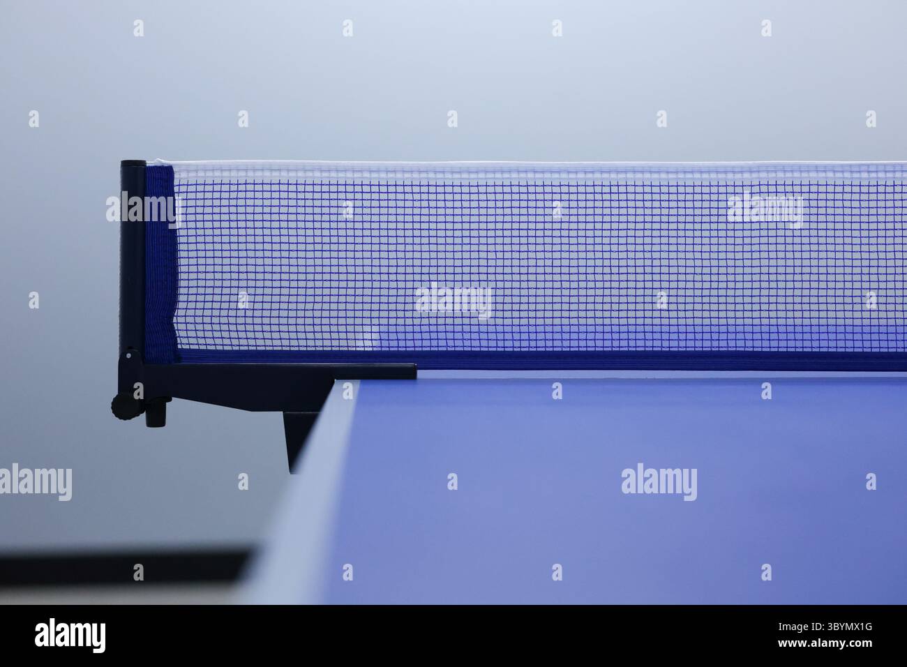 Blaues Tischtennisnetz mit verschwommenem Hintergrund. Blaues Tischtennisnetz auf Tischtennisplatte. Stockfoto