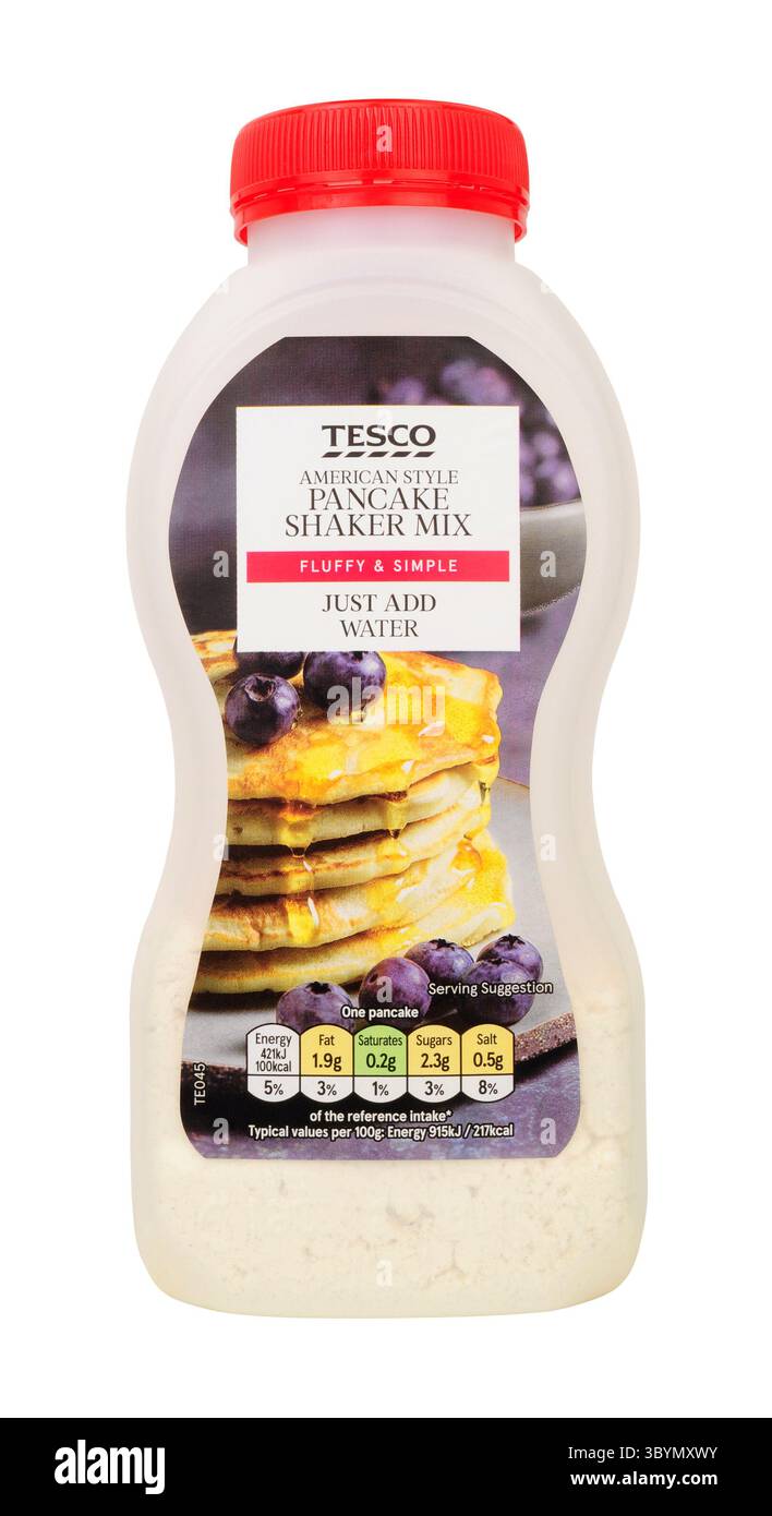 Tesco amerikanischer Pfannkuchenteig-Shaker-Mix in einer 155-g-Flasche Stockfoto