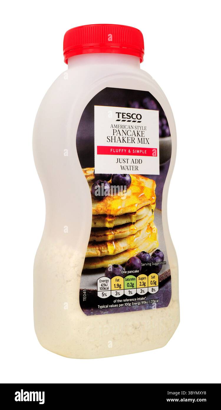 Tesco amerikanischer Pfannkuchenteig-Shaker-Mix in einer 155-g-Flasche Stockfoto