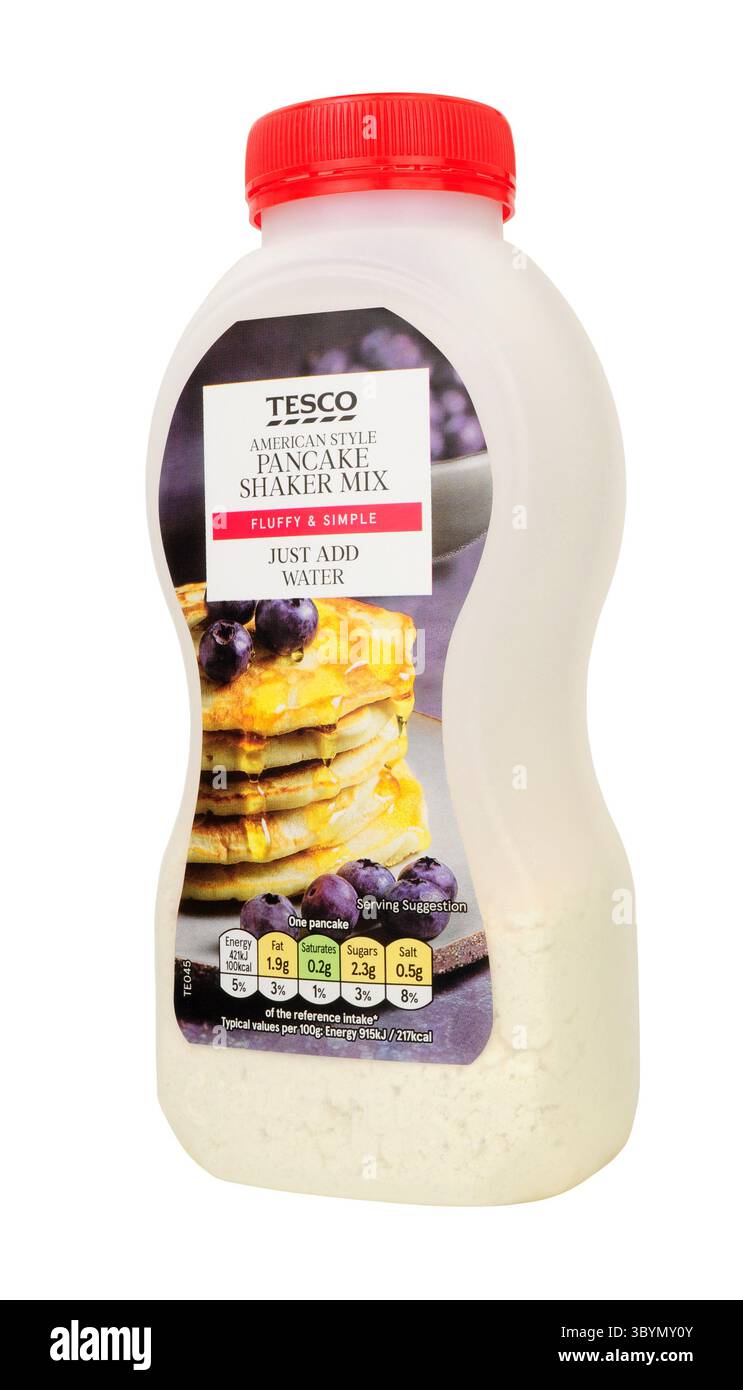 Tesco amerikanischer Pfannkuchenteig-Shaker-Mix in einer 155-g-Flasche Stockfoto