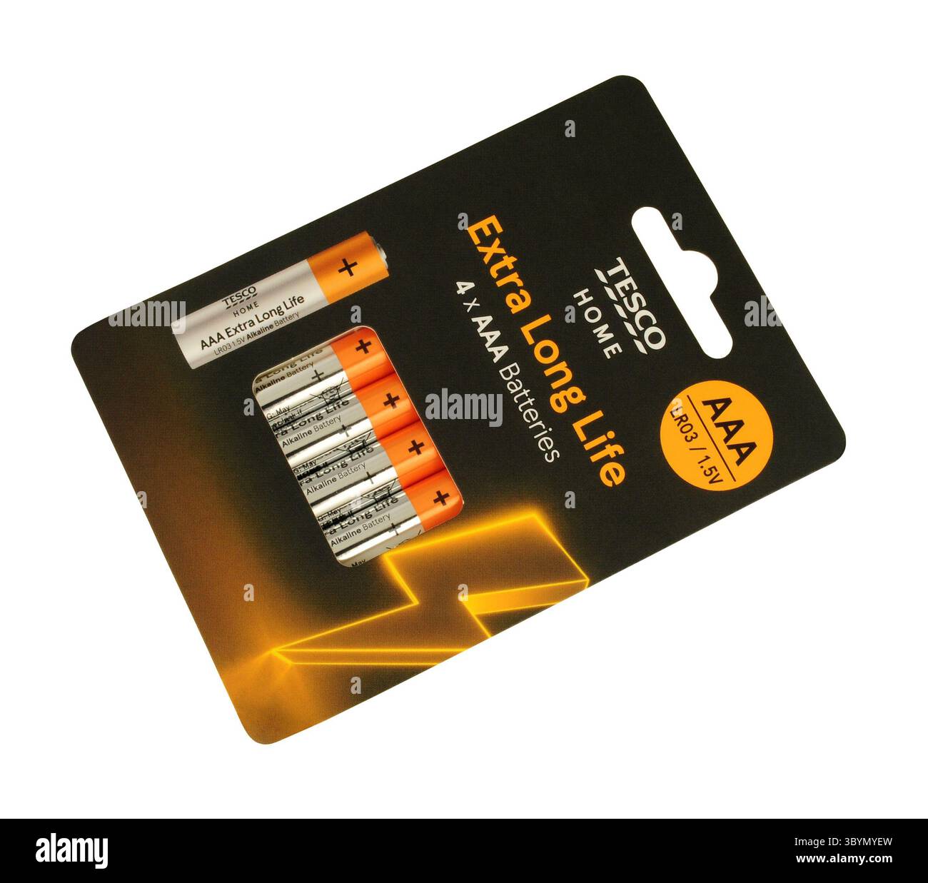 Tesco AAA Alkali-Batterien mit extra langer Lebensdauer, Viererpack Stockfoto