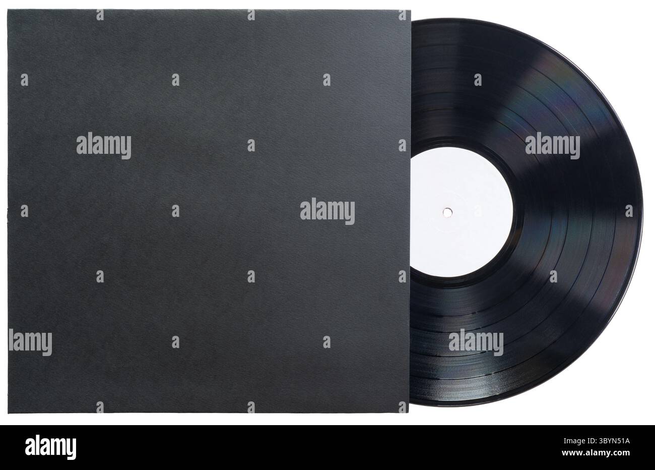 Klassische schwarze LP-Vinyl-Disc mit anpassbarem Sleeve Cover Mockup isoliert auf weißem Hintergrund mit Beschneidungspfad Stockfoto