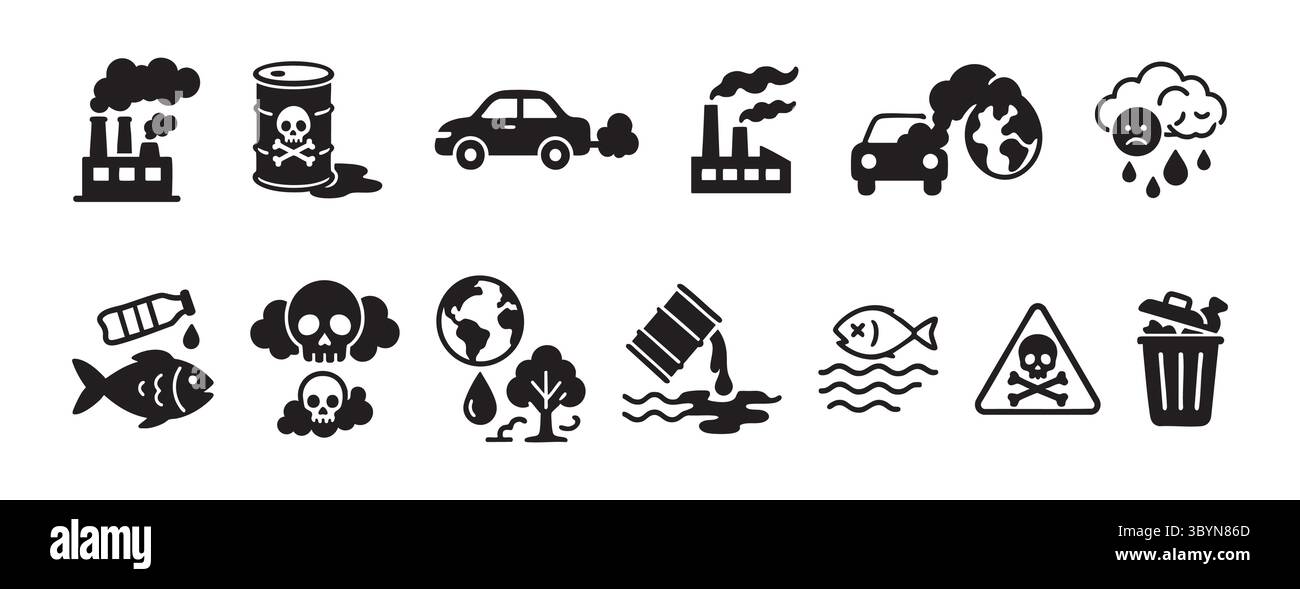 Symbole für Umweltverschmutzung mit Fabriken, Autos und Ölfässern mit Schädelsymbolen und grafischer Illustration. Begriff von Verschmutzung, Gefahr, was Stock Vektor