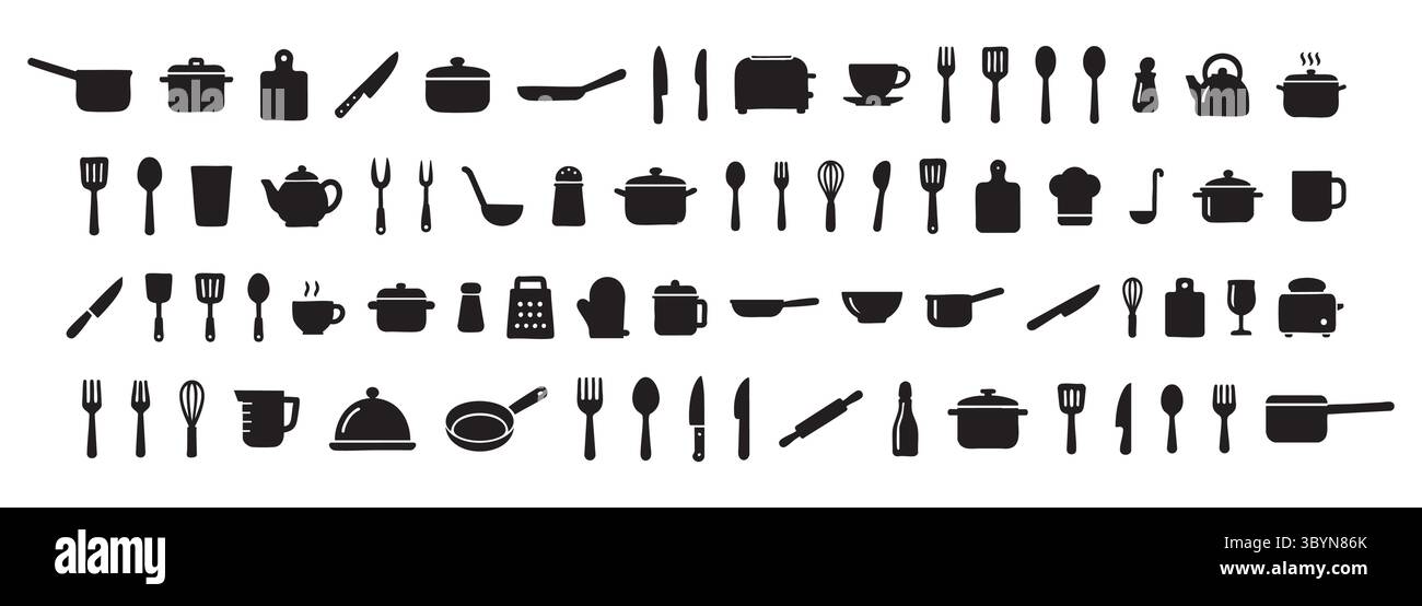 Set aus schwarzen Silhouetten von Küchenutensilien und -Geräten, isoliert auf weißem Hintergrund, grafische Illustration. Konzept von Kochgeschirr, Besteck, Küche Stock Vektor