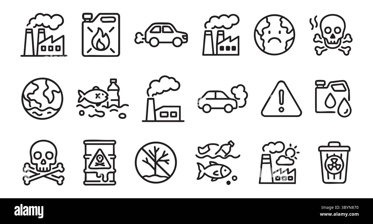 Schwarz-weiße Symbole für Umweltverschmutzung mit Fabriken, Autos, Erde, Schädel, Fisch, Bäume und Mülltonnen. Konzept von Ökologie, Gefahr, Emission Stock Vektor