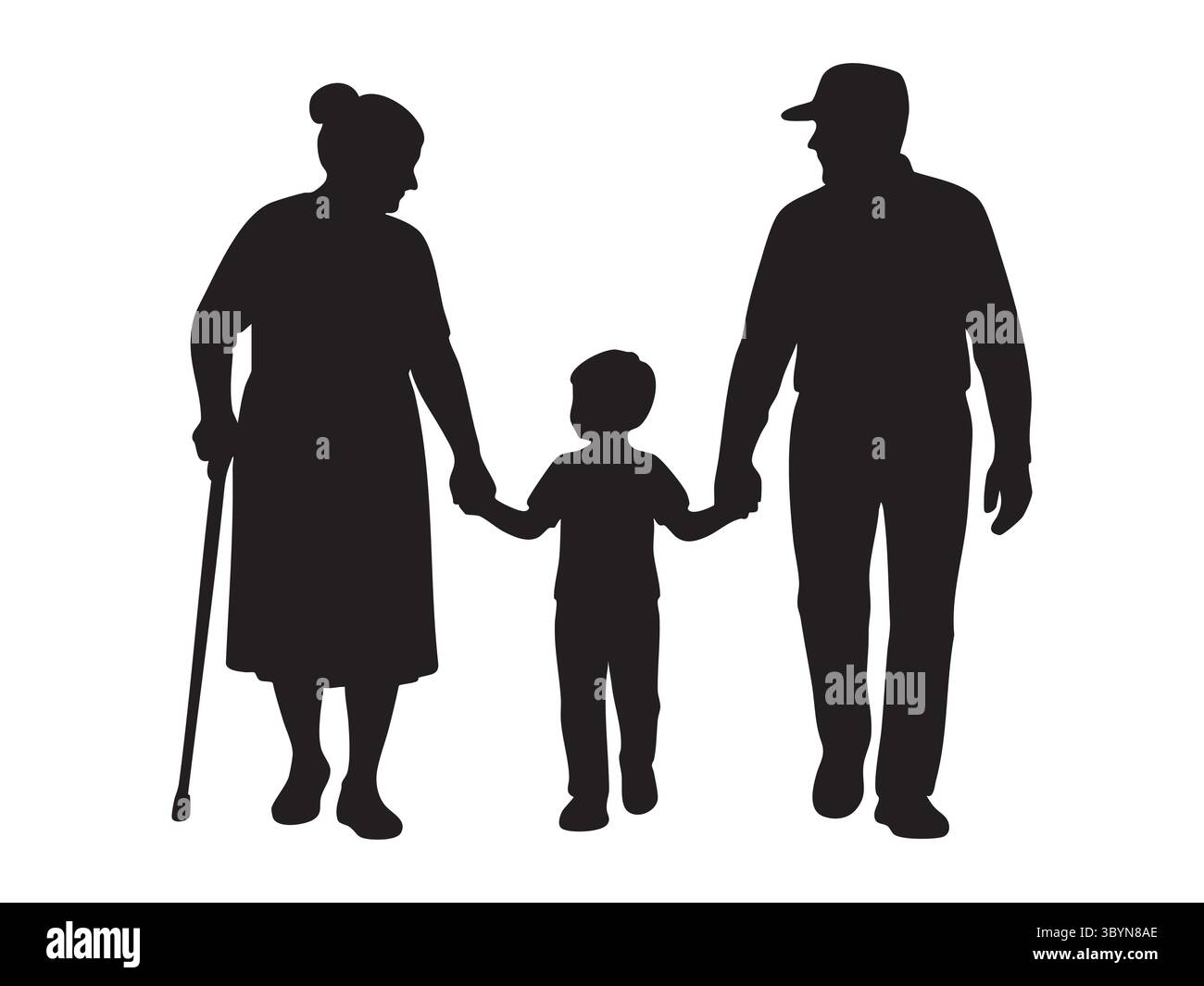 Schwarze Silhouette eines älteren Paares und Kindes, das Hände hält, isoliert auf weißem Hintergrund, grafische Illustration. Familienbegriff, Generationen, Bondin Stock Vektor