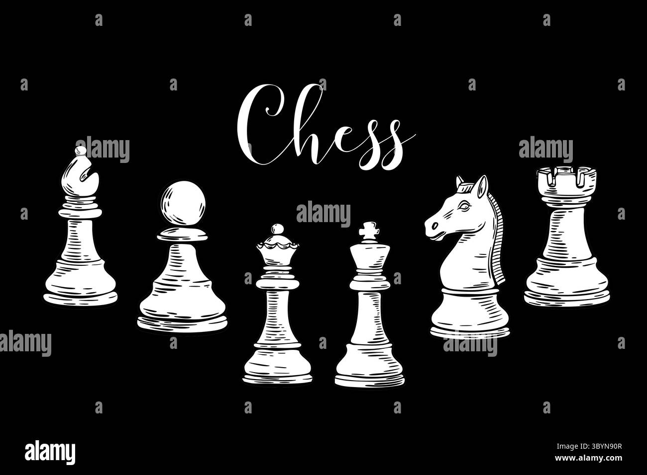 Weiße handgezeichnete Schachstücke mit elegantem Schachtitel auf schwarzem Hintergrund. Klares, kontrastreiches Design für Spiele oder Branding. Stock Vektor