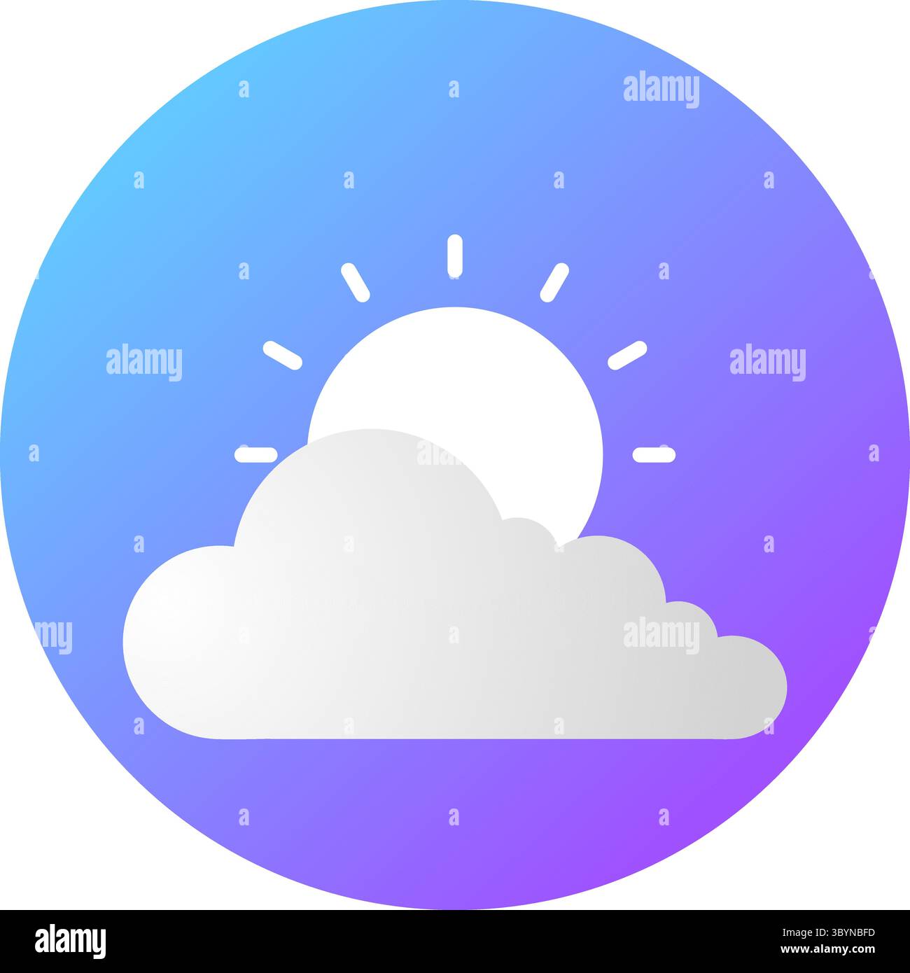 Ein lebendiges Wettersymbol, das eine weiße Wolke darstellt, die eine helle Sonne mit Strahlen teilweise verdeckt, vor einem blauen und lila kreisförmigen Hintergrund. Stock Vektor