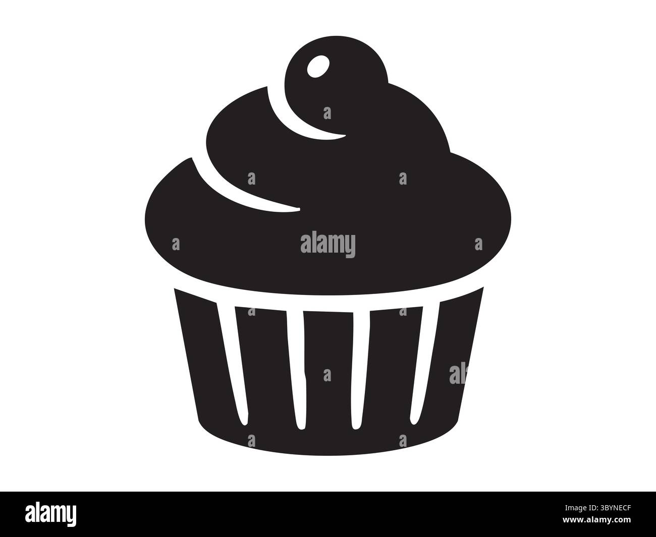 Schwarze Silhouette eines Cupcake mit Guss isoliert auf weißem Hintergrund, grafische Illustration. Konzept von Gebäck, gut gebackenem Gebäck, Dessert, süßem Leckerli Stock Vektor