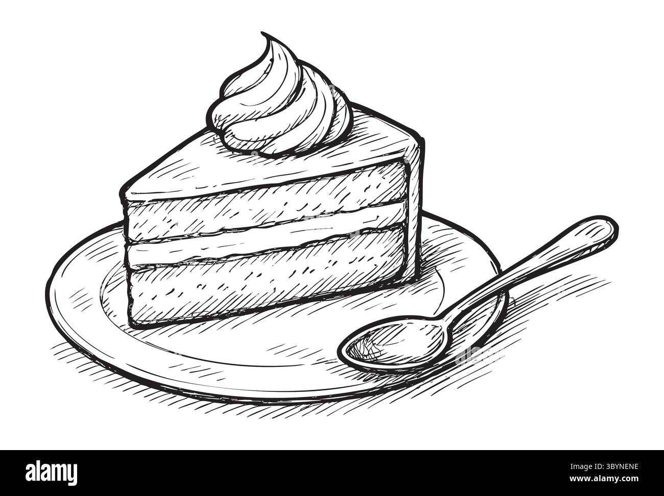 Schwarz-weiße Illustration eines Kuchenschnitts auf einem Teller mit Löffel, isoliert auf weißem Hintergrund. Dessert, Gebäck, Süßigkeiten, Café dez Stock Vektor