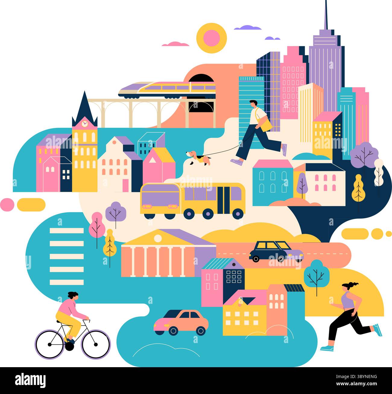 Bunte Illustration Zum Urbanen Leben. Moderne Stadtlandschaft mit Menschen, Transportmitteln und Wolkenkratzern. Stock Vektor