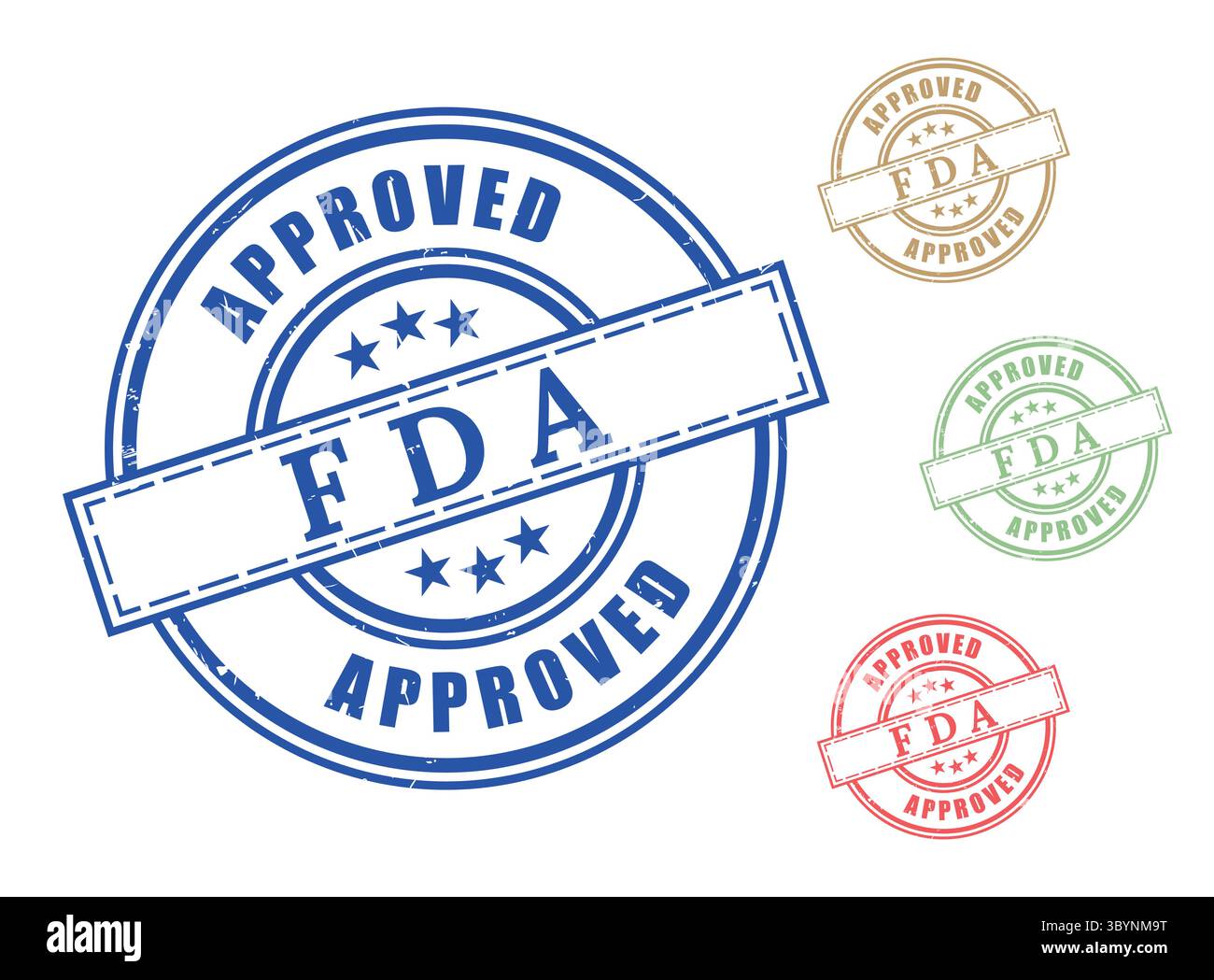 Ein FDA-zugelassenes zertifiziertes Stempelvektorset, bunte Grunge-Gummietiketten Stock Vektor