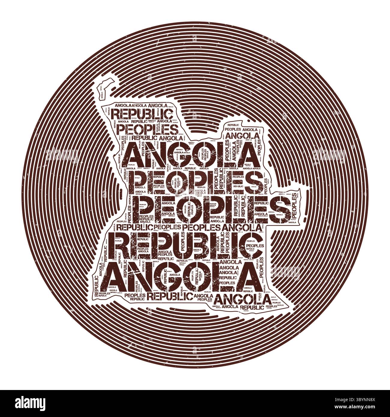 Angola Vektorbild. Country Round-Logo-Design. Angola-Poster in Kreisbögen und Wordwolken-Stil. Kreative Vektorillustration. Stock Vektor