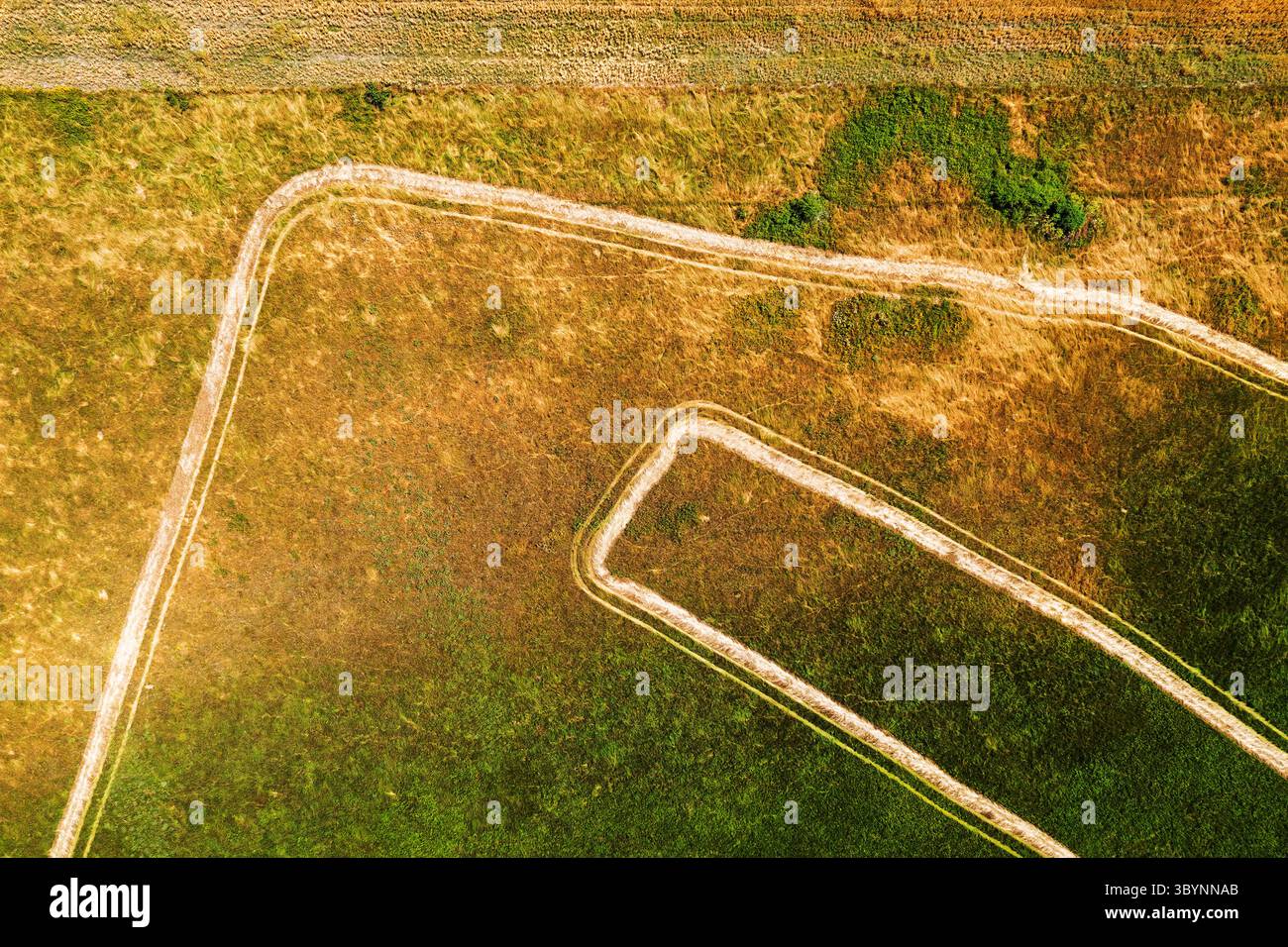 Spuren in unbebauten Wiesen, Luftaufnahme von Drohnen-pov, direkt darüber Stockfoto