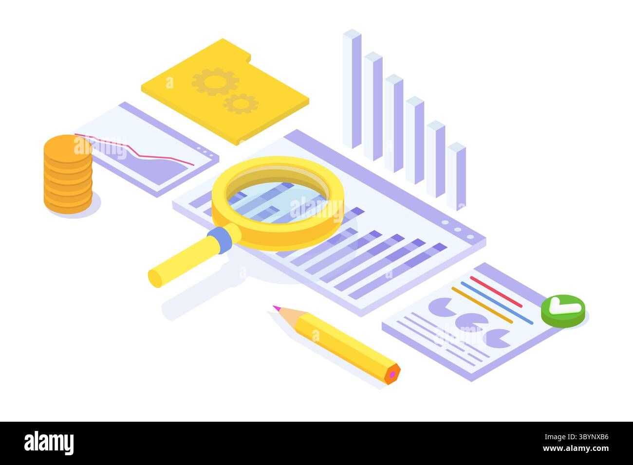 Data Scientist-Konzept. Datenanalysen recherchieren und arbeiten gemeinsam an einem Bericht mithilfe von Diagrammen und einem Dashboard auf einem Monitor. Isometrisches Vektorillustrat Stock Vektor