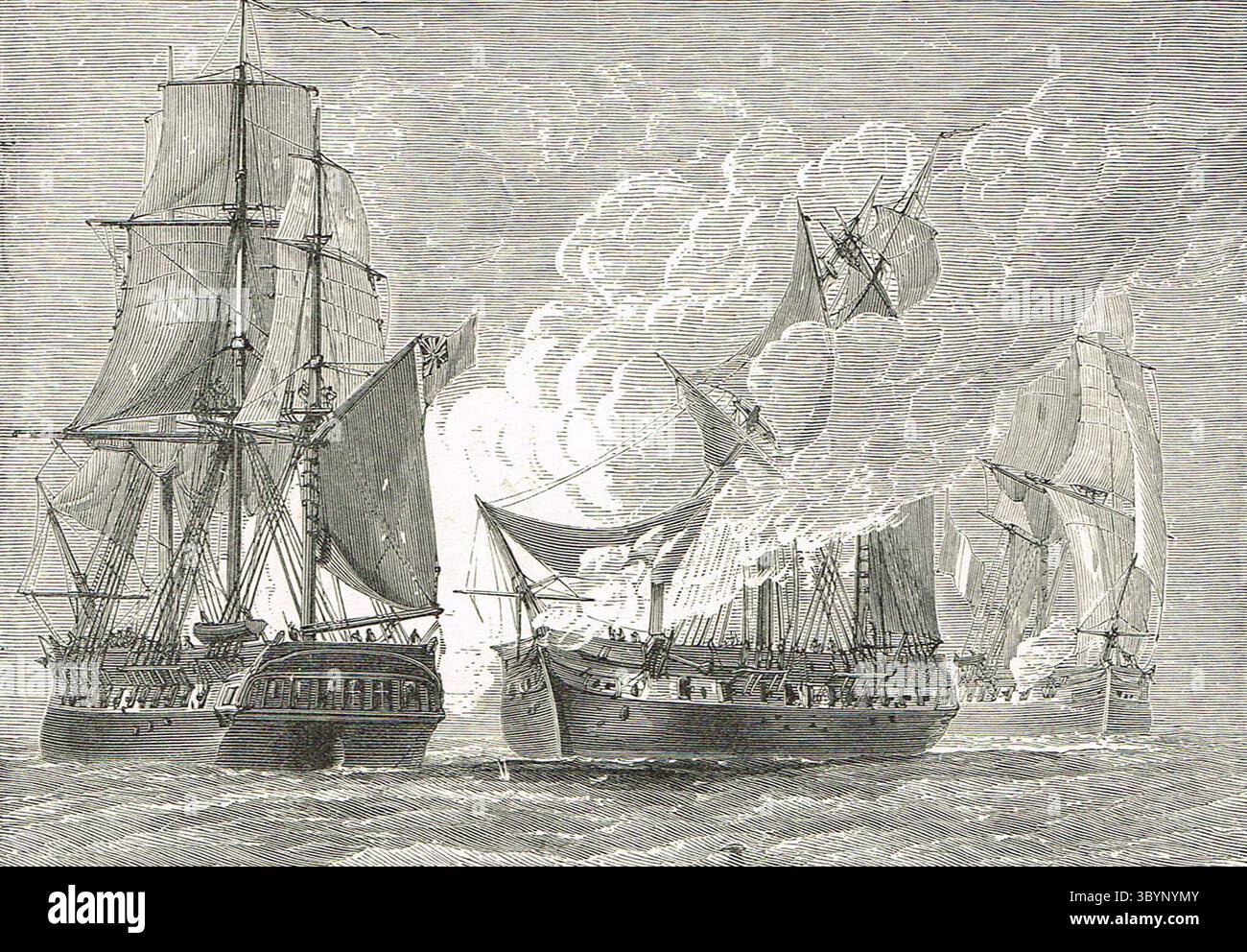 Marineeinsatz zwischen französischen und britischen Truppen in der Nähe von Ceylon, amerikanischer Unabhängigkeitskrieg, 1783 Stockfoto
