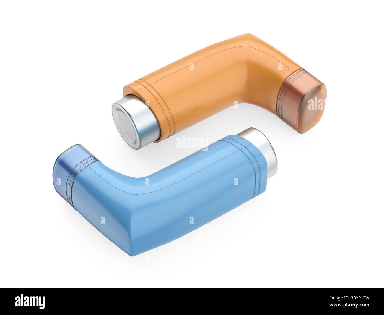 Blaue und orangefarbene tragbare Asthma-Inhalatoren auf weißem Hintergrund Stockfoto