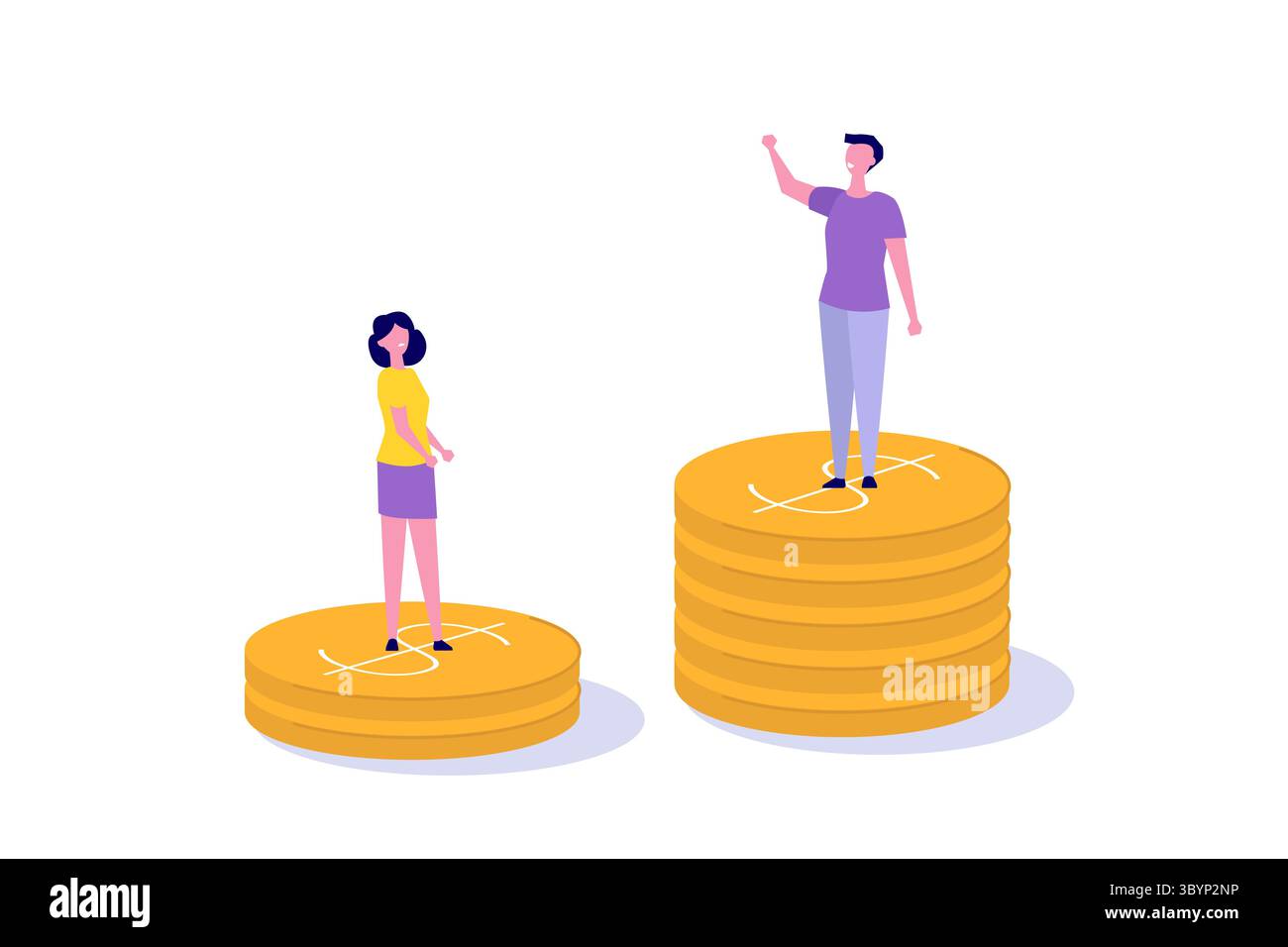 Soziale Ungleichheit, Gehaltslücke. Auf Stapeln von Münzen stehen. Zeichentrick flache Vektor-Illustration für Banner, Website, Landingpage, Flyer. Stock Vektor