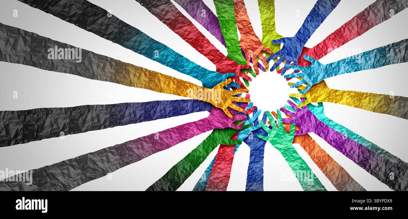 Zusammenarbeit und Unterstützung als Repräsentation der Zugehörigkeit und eine kulturell reiche Gesellschaft als Harmonie und kollektive Anstrengung als Symbol eines Berufsverbündeten Stockfoto