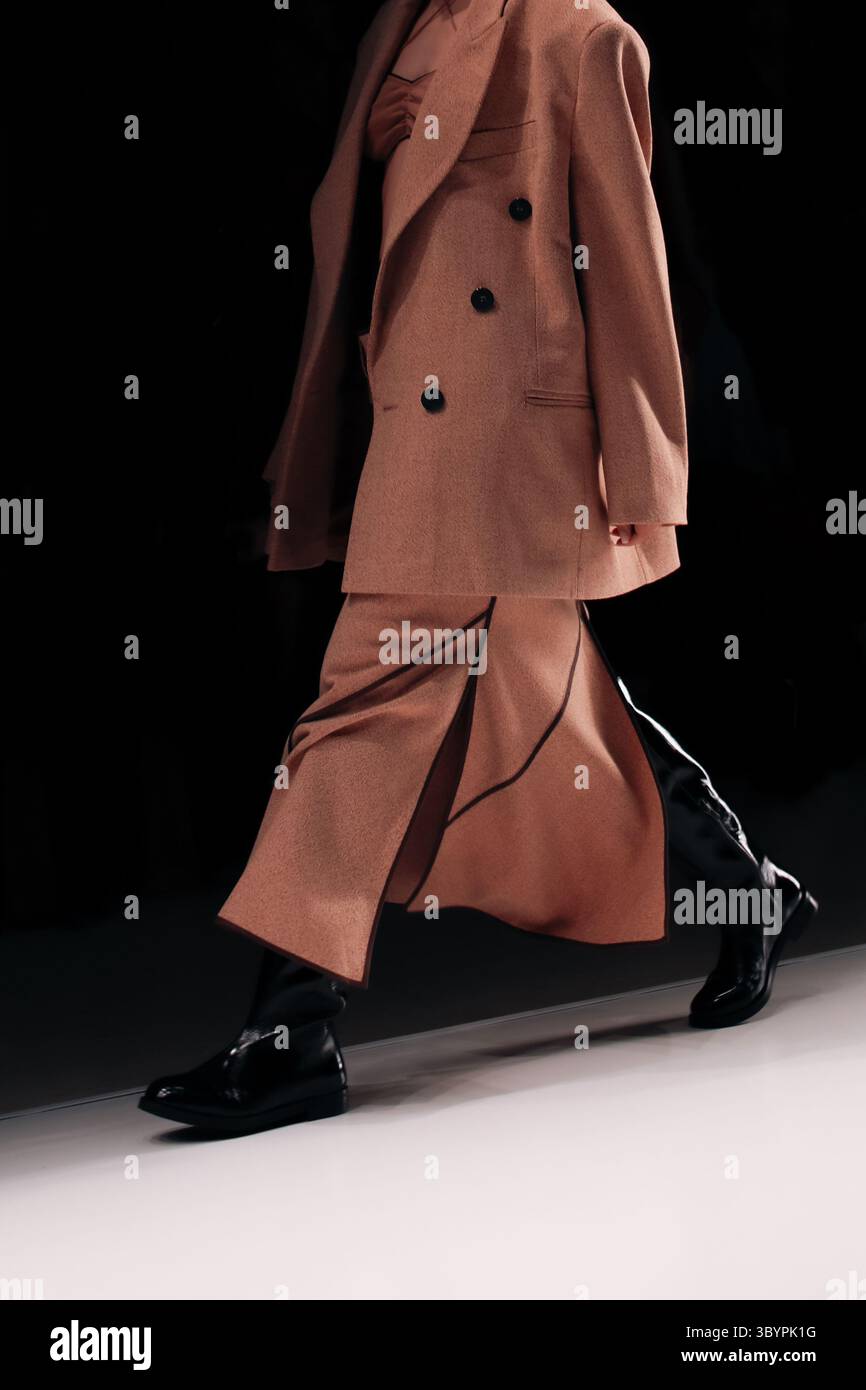 Modisches Outfit klassische braune Jacke und Rock, Herbst Winter Fancy Stoffkollektion Stockfoto