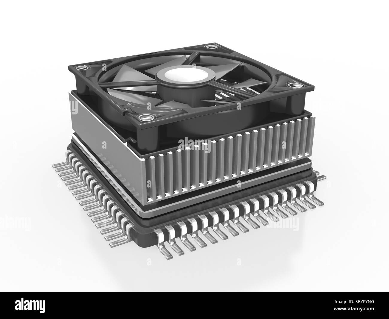 3D-Mikrochip, Prozessor, CPU mit Lüfter und Kühlung, isoliert Stockfoto