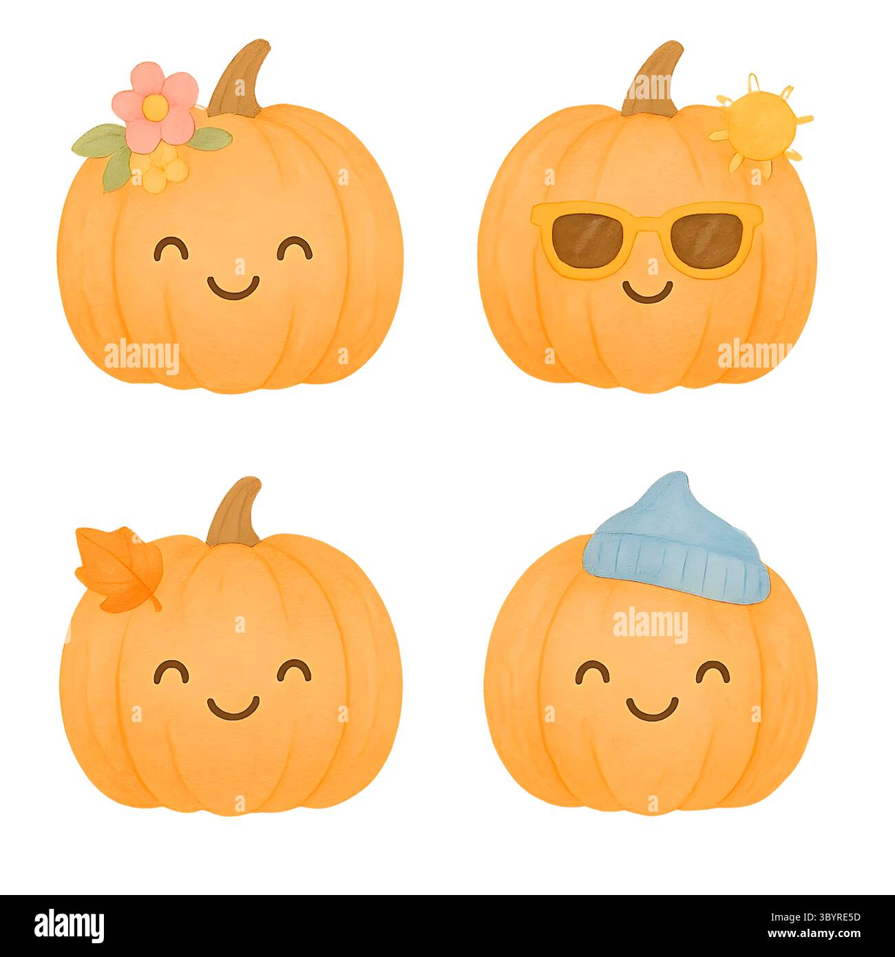 Handgemaltes Halloween-Clipart – niedliche Geister, Requisiten und gruselige Objekte im Aquarellstil Stockfoto