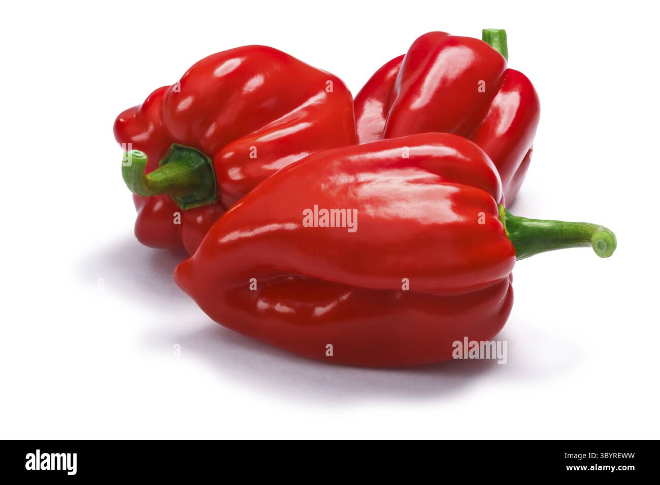 Haufen von Trinidad 7 Pod sieben Topf Paprika (Capsicum Chinense), glattschalige. Schneidepfade, Schatten getrennt Stockfoto