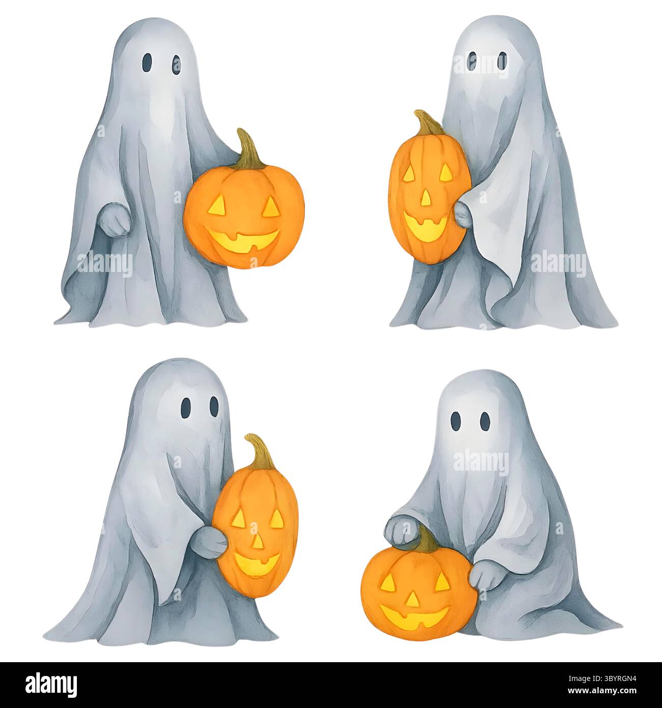 Handgemaltes Halloween-Clipart – niedliche Geister, Requisiten und gruselige Objekte im Aquarellstil Stockfoto