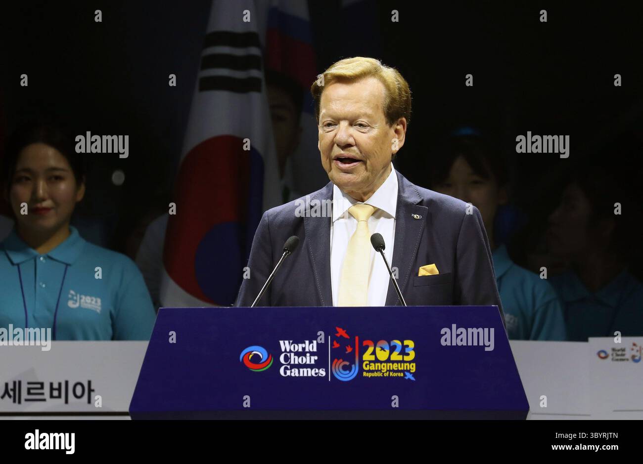 3. Juli 2023, Gangneung, Korea, Republik: Gangneung (Korea, Republik), 03.07.2023.- Guenter Titsch, Präsident von Interkultur, hält eine Gratulationsrede bei der Eröffnungsfeier der World Choir Games in der Ostküstenstadt Gangneung, Südkorea, 03. Juli 2023. (Abierto, Corea del Sur) (Foto: © Yonhap/POOL Via ZUMA Press Wire) Stockfoto